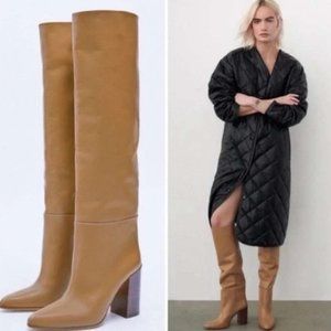ZARA Tan Heeled Knee High Leather Boots Size W9